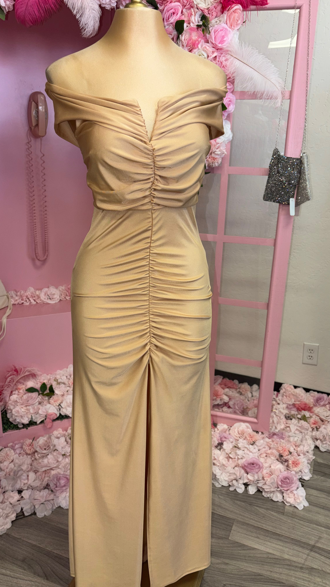 Gold Ruched Off-Shoulder Gown